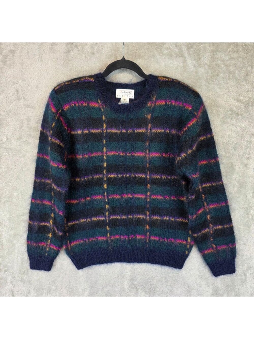 Vintage Talbots Sweater Womens Petite P Multicolor Plaid Mohair Fuzzy Knit